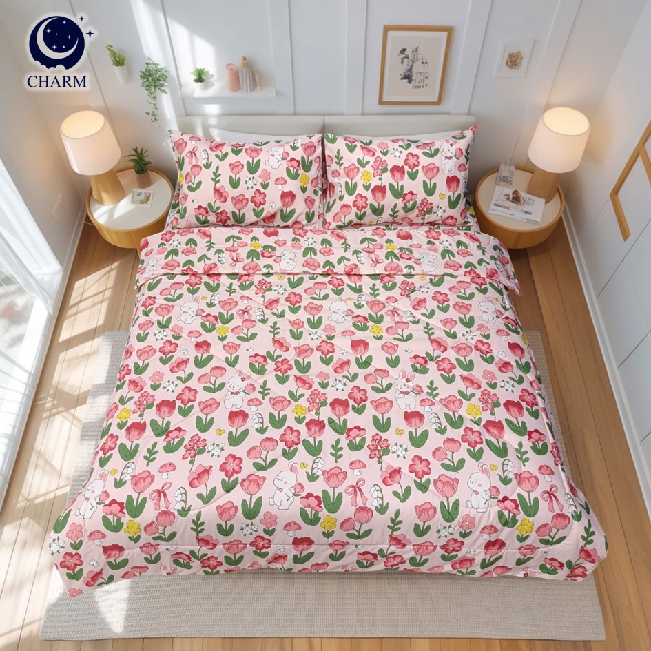 CHARM ชุดผ้าปูที่นอน + ผ้านวม 6 ฟุต 4 ชิ้น ลาย PINK LILLIE คอลเลคชั่น DREAMY_5